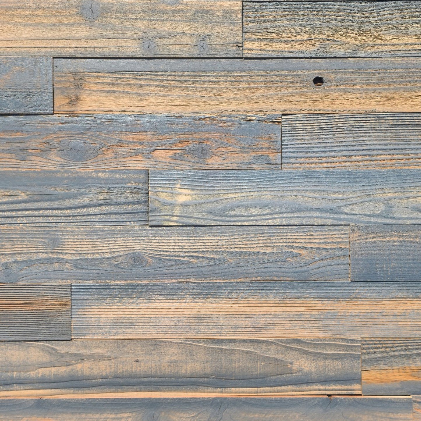 Grey finish reclaimed redwood planks, flat overhead plan view