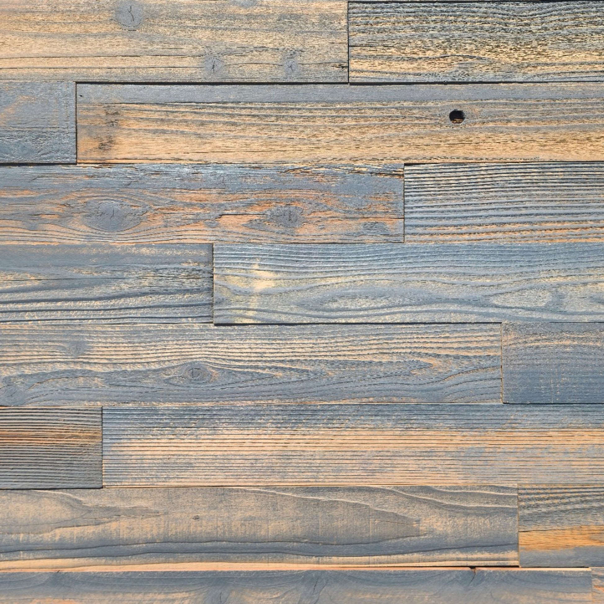 Grey finish reclaimed redwood planks, flat overhead plan view