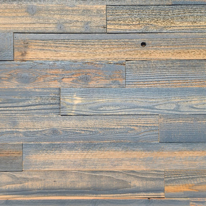Grey finish reclaimed redwood S3S wall planks laid flat, soft weathered silver tone