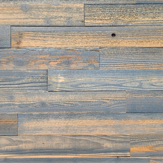 Grey finish reclaimed redwood S3S wall planks laid flat, soft weathered silver tone