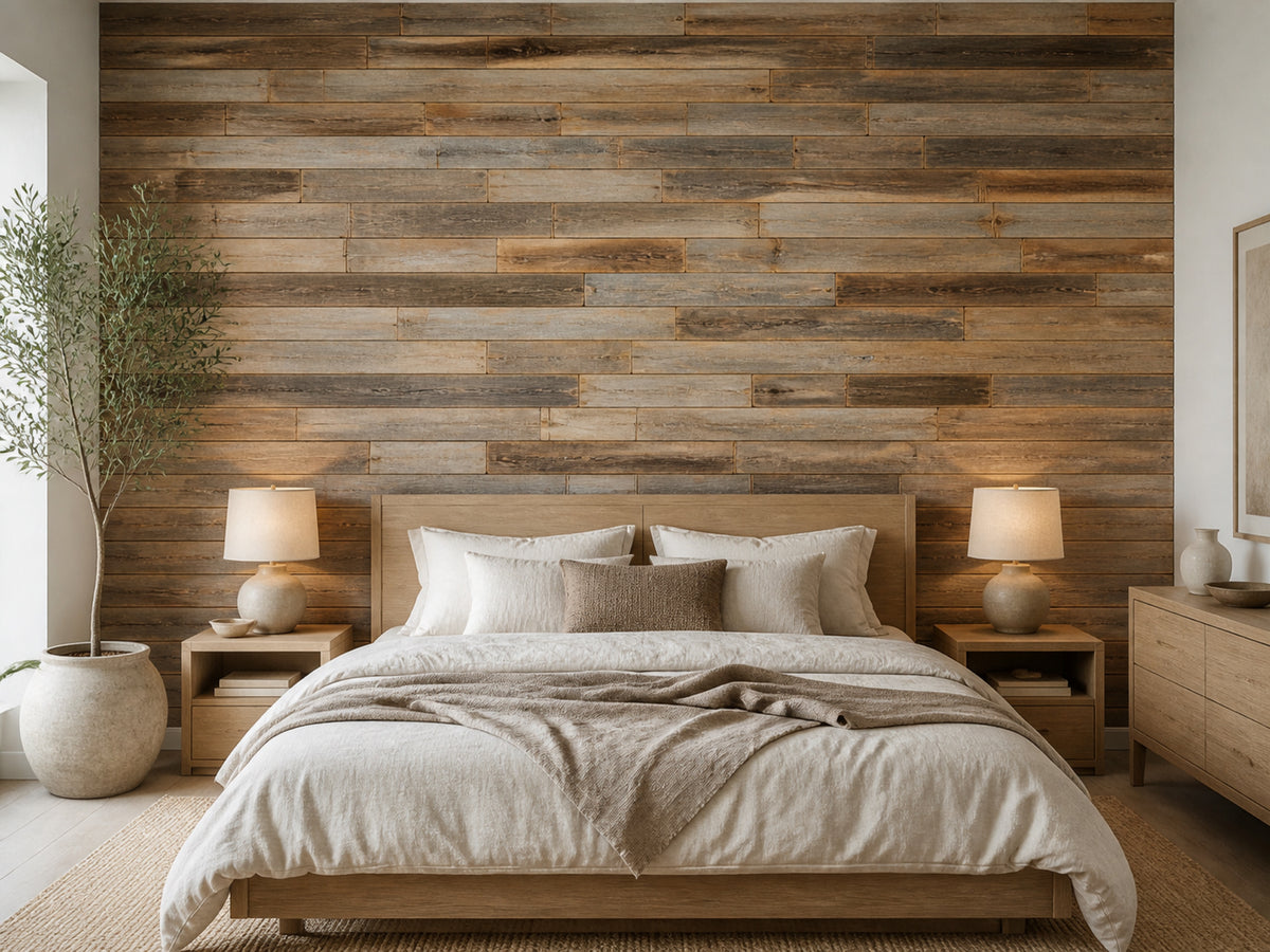 Natural reclaimed redwood wall planks installed in a bedroom