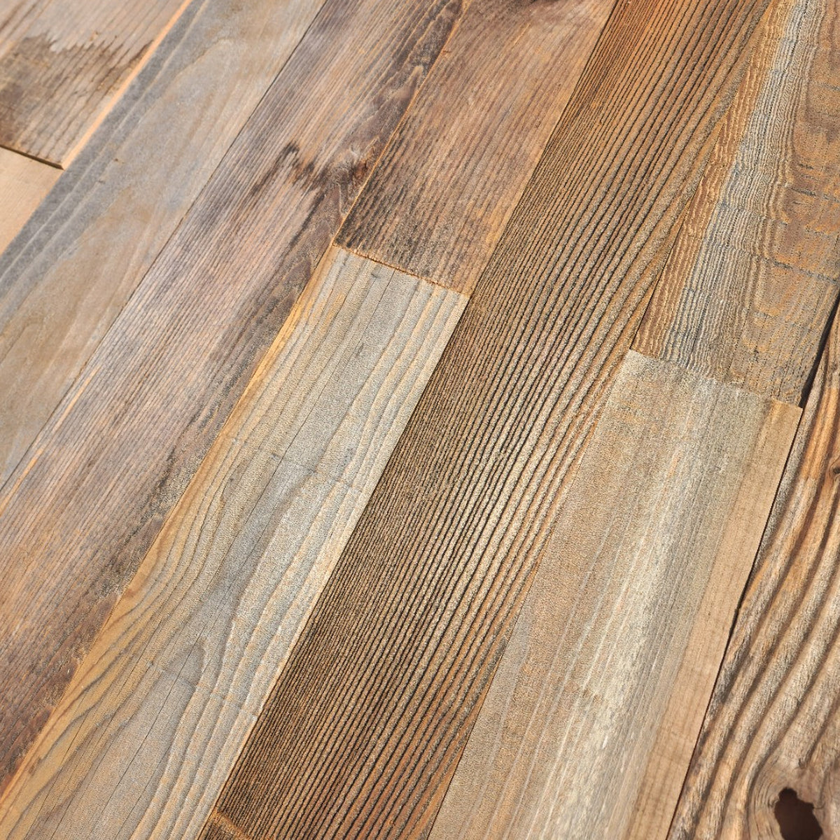 Natural reclaimed redwood showing silver grey through warm honey boards across a full layout
