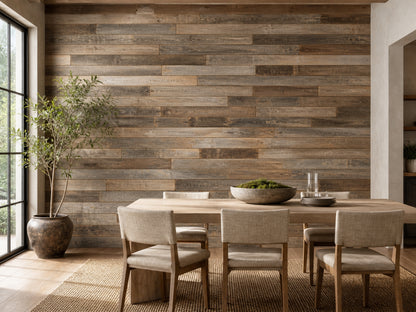 Natural reclaimed redwood wall planks installed in a dining room