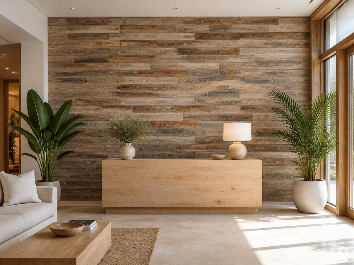 Natural reclaimed redwood wall planks installed in a hotel interior