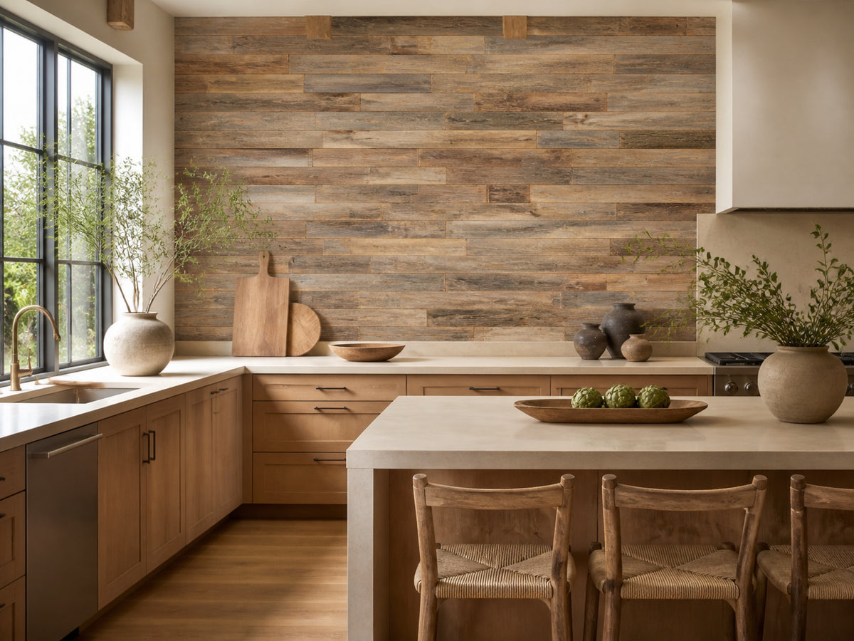 Natural reclaimed redwood wall planks installed in a kitchen