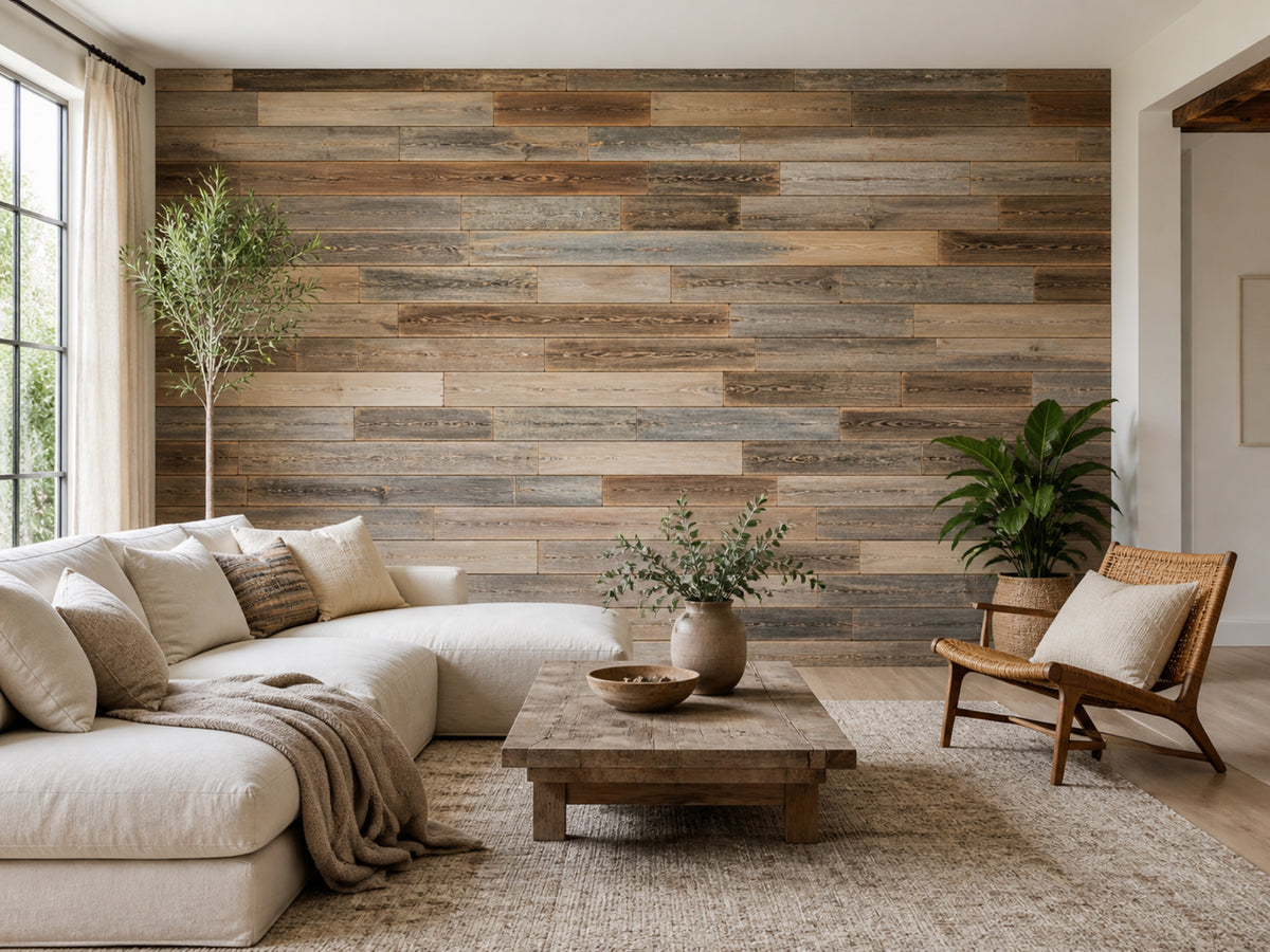 Natural reclaimed redwood wall planks installed in a living room