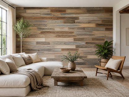 Natural reclaimed redwood wall planks installed in a living room