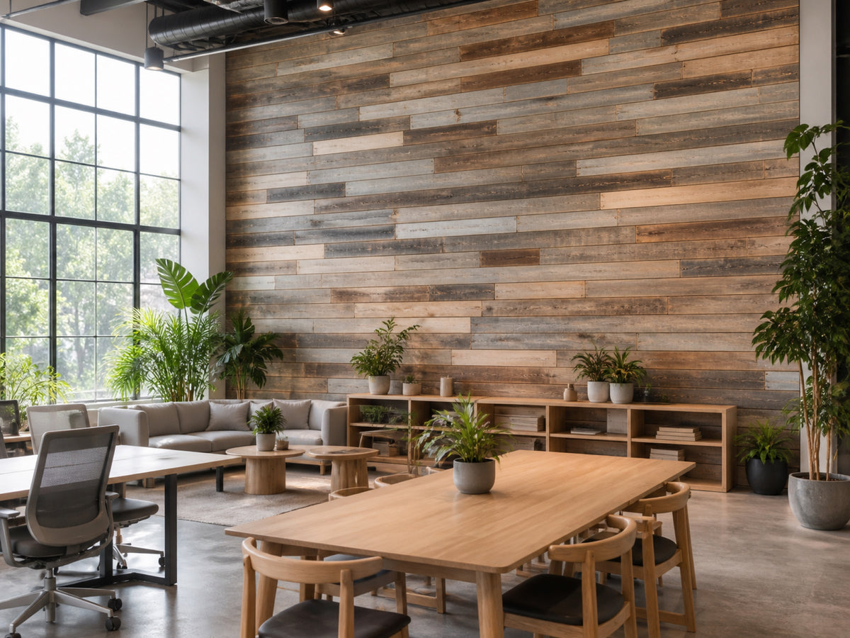 Natural reclaimed redwood wall planks installed in an office
