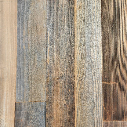 Natural reclaimed redwood planks, flat overhead plan view