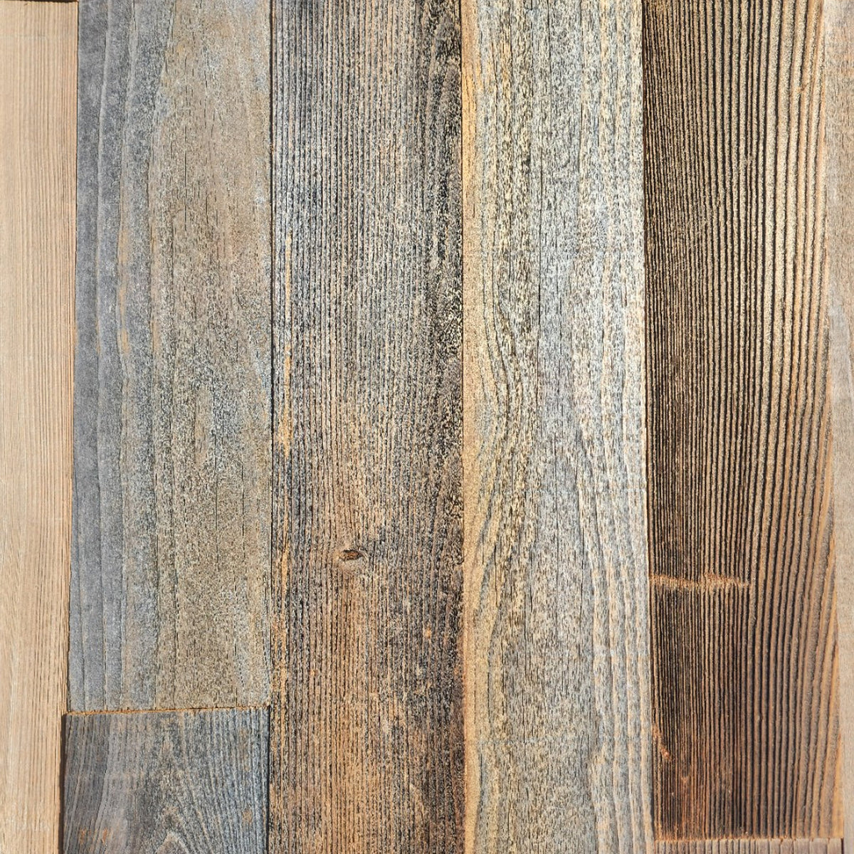 Natural finish reclaimed redwood S3S wall planks laid flat, silver grey and warm brown weathered faces