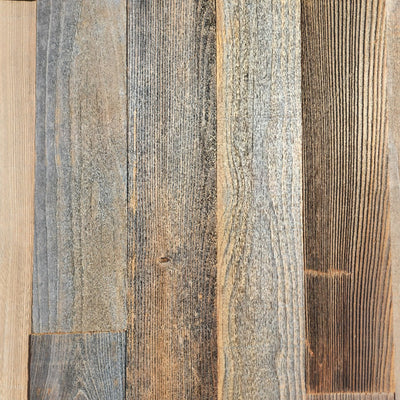 Natural finish reclaimed redwood S3S wall planks laid flat, silver grey and warm brown weathered faces