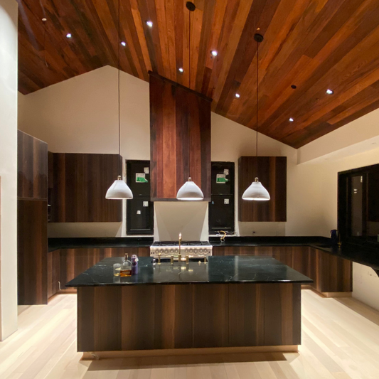 Old growth redwood wine tank stock installed as tongue and groove ceiling