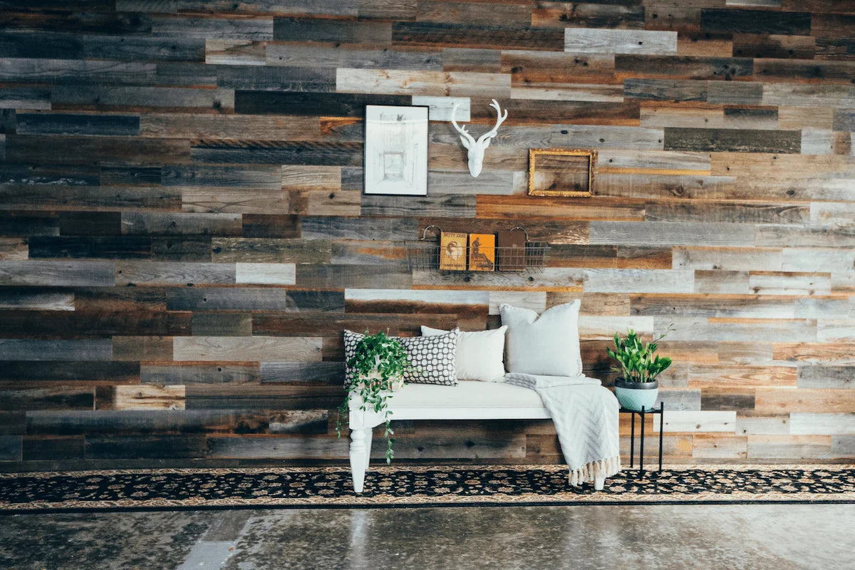 Reclaimed rustic wood barnwood accent wall