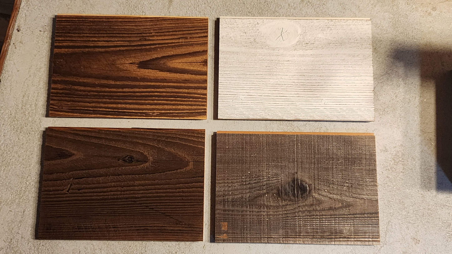 Samples of reclaimed wood with different finishes.