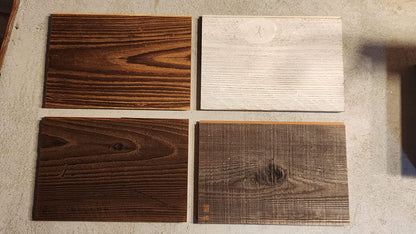 Samples of reclaimed wood with different finishes.