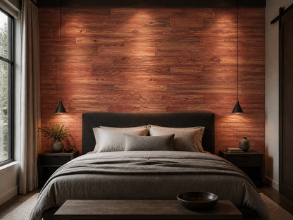Red reclaimed redwood wall planks installed in a bedroom