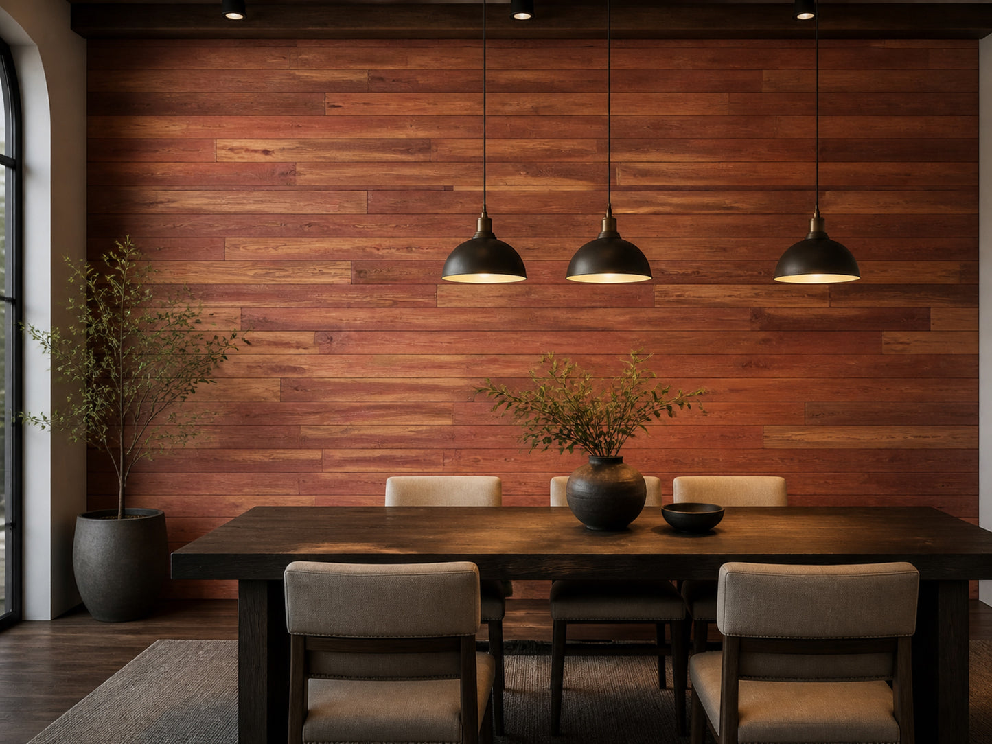 Red reclaimed redwood wall planks installed in a dining room