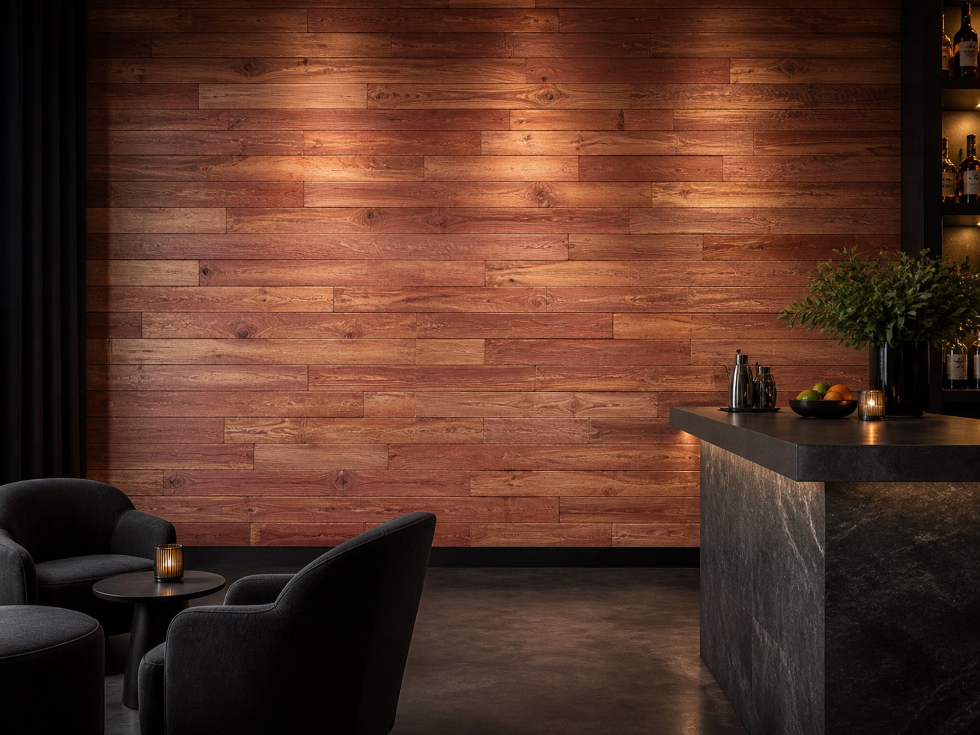 Red reclaimed redwood wall planks installed in a hotel interior