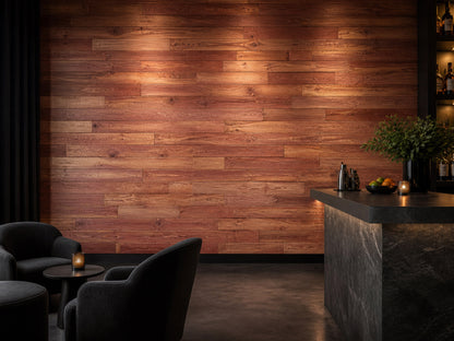 Red reclaimed redwood wall planks installed in a hotel interior