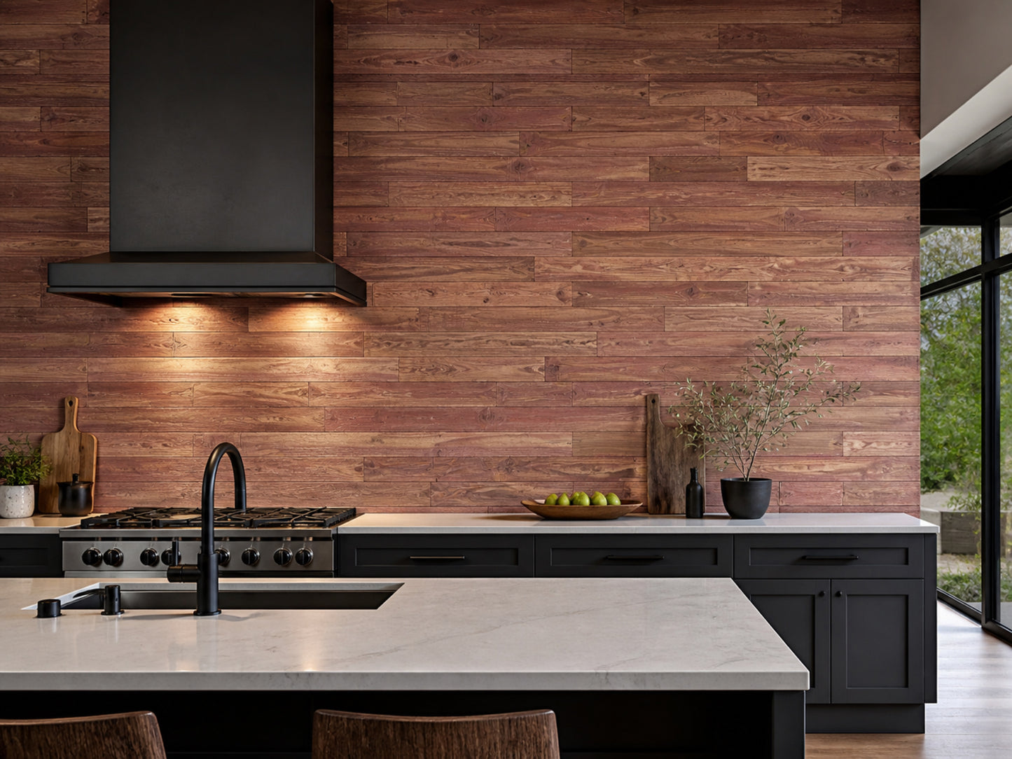Red reclaimed redwood wall planks installed in a kitchen