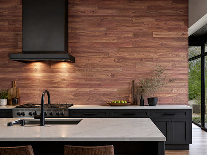Red reclaimed redwood wall planks installed in a kitchen