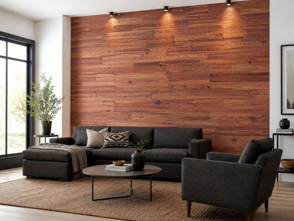 Red reclaimed redwood wall planks installed in a living room