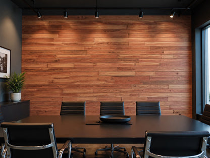Red reclaimed redwood wall planks installed in an office