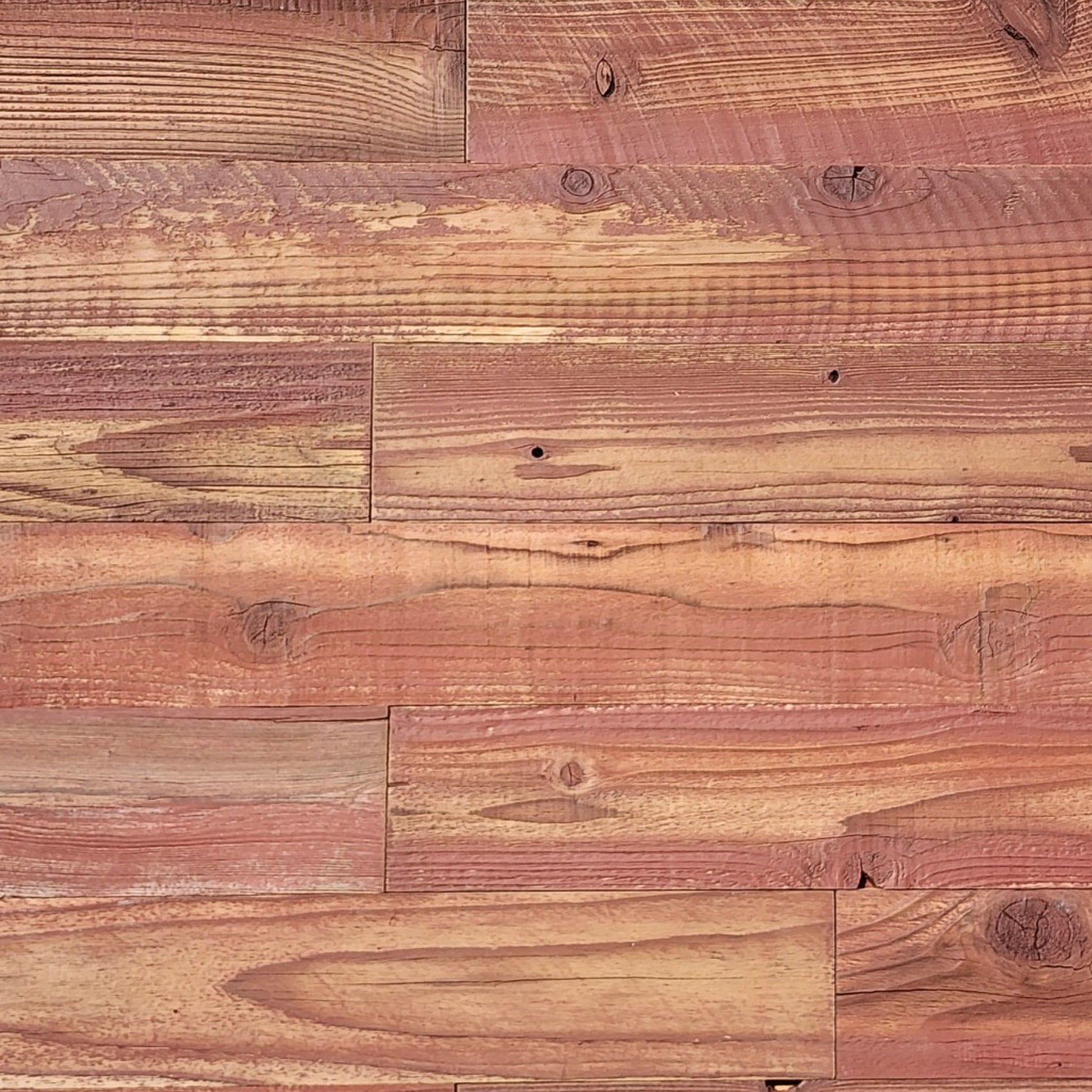 Red finish reclaimed redwood planks, flat overhead plan view