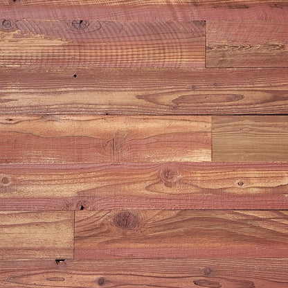 Red finish reclaimed redwood S3S wall planks laid flat, warm terracotta over visible grain