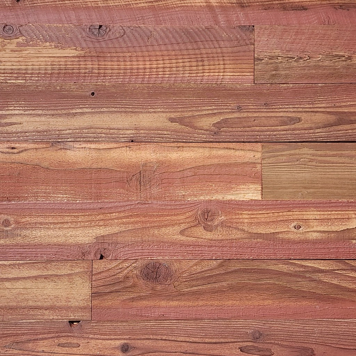Red finish reclaimed redwood sample, planks laid flat