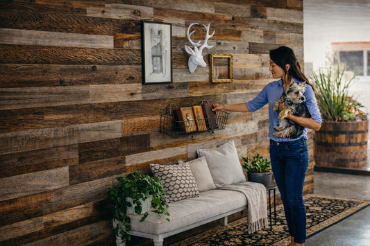 Woman holding a dog in a living room with reclaimed wood wall paneling.