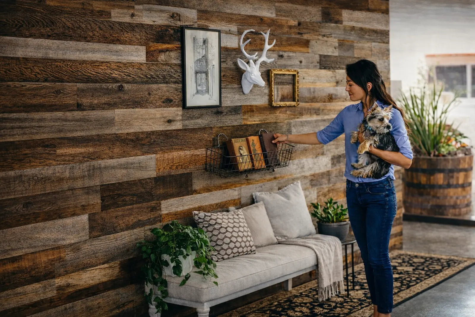 Reclaimed barnwood wall paneling installed in a modern home library