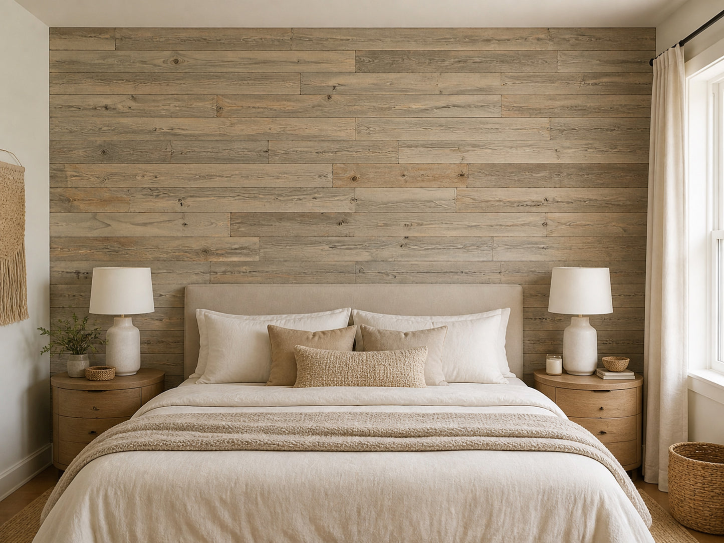Tan reclaimed redwood wall planks installed in a bedroom