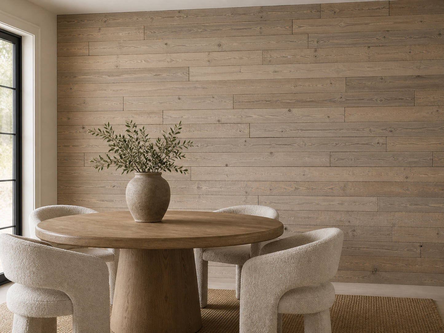 Tan reclaimed redwood wall planks installed in a dining room