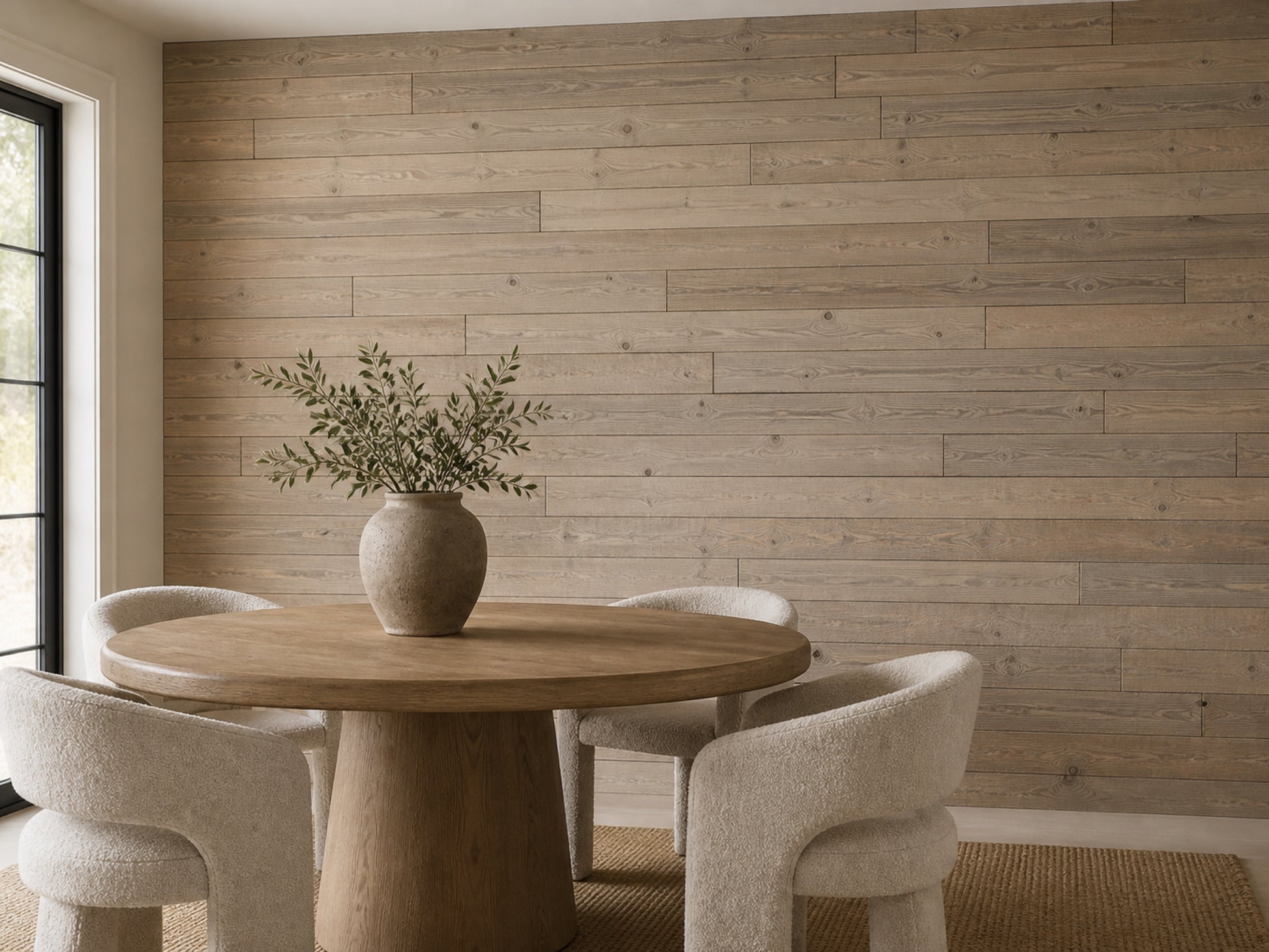 Tan reclaimed redwood wall planks installed in a dining room