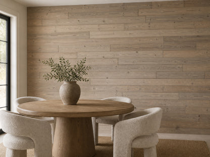 Tan reclaimed redwood wall planks installed in a dining room