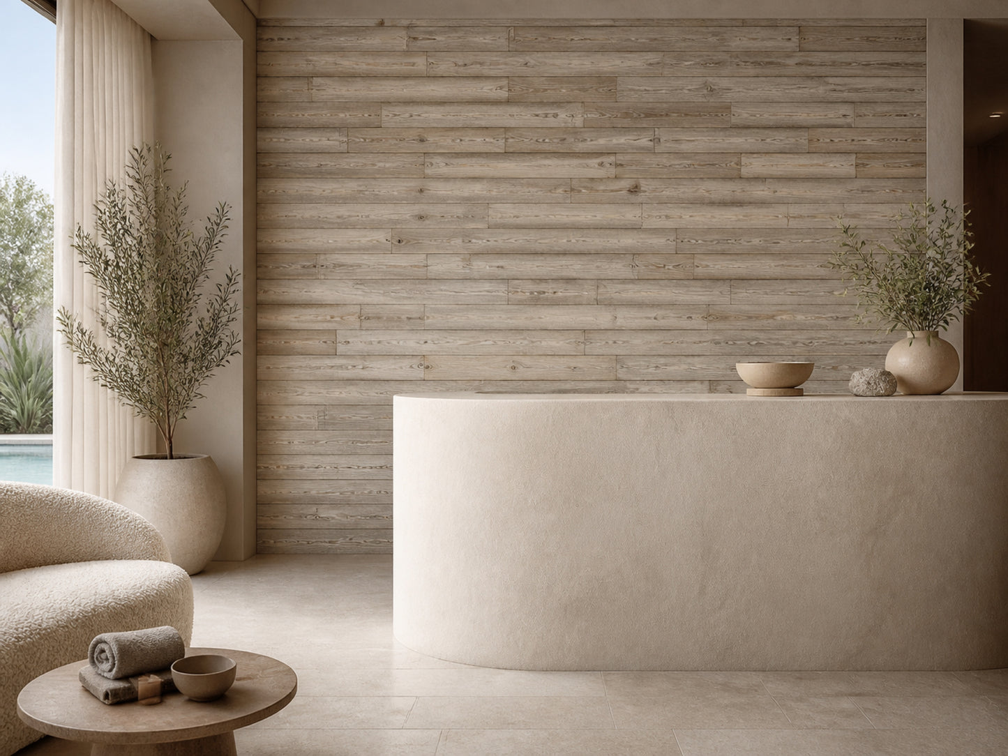 Tan reclaimed redwood wall planks installed in a hotel interior