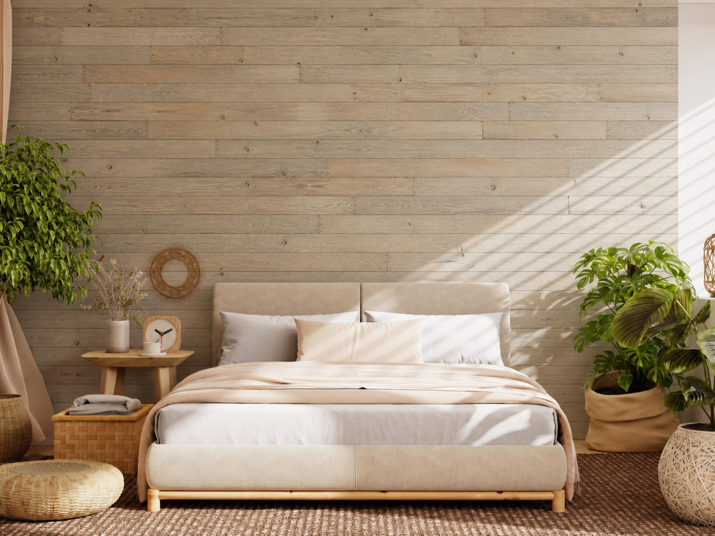 Tan reclaimed redwood wall planks installed as an interior accent wall