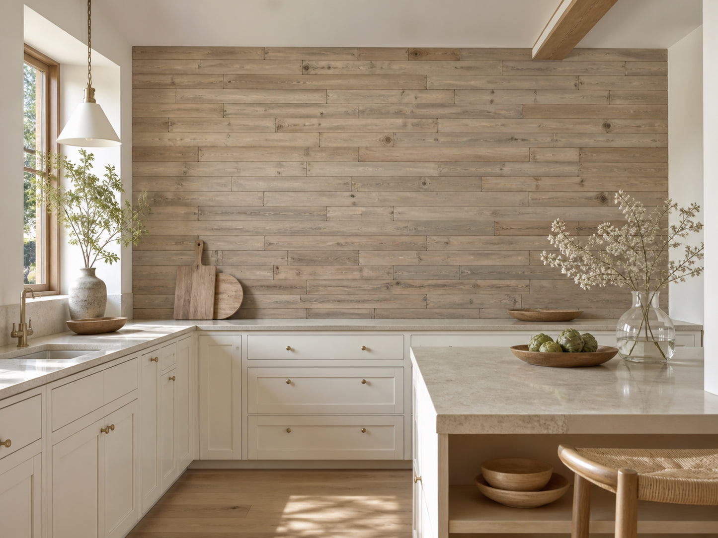 Tan reclaimed redwood wall planks installed in a kitchen