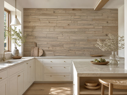 Tan reclaimed redwood wall planks installed in a kitchen