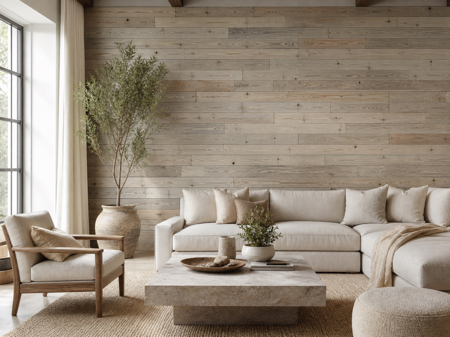 Tan reclaimed redwood wall planks installed in a living room
