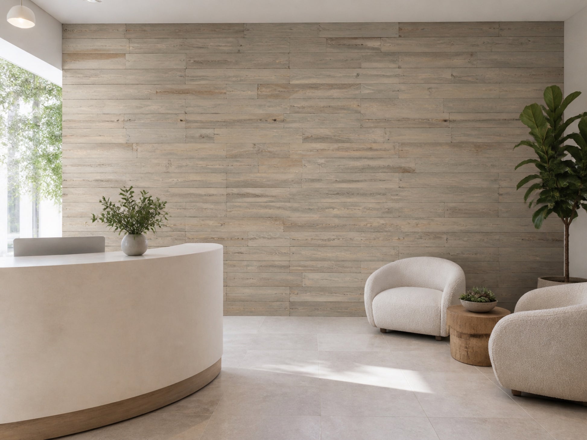 Tan reclaimed redwood wall planks installed in an office