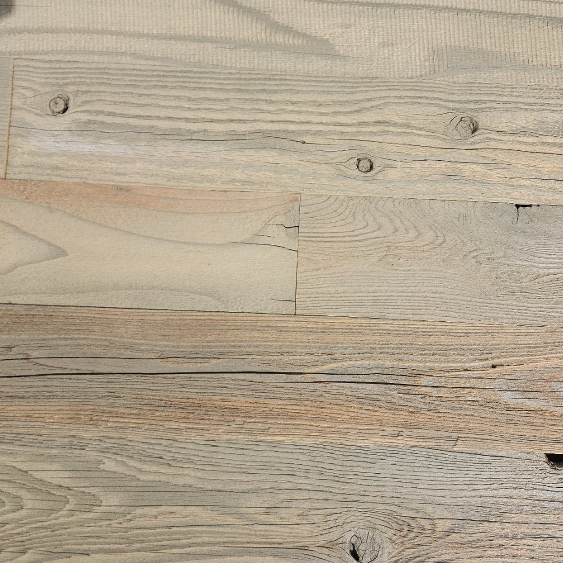 Tan finish reclaimed redwood planks, flat overhead plan view