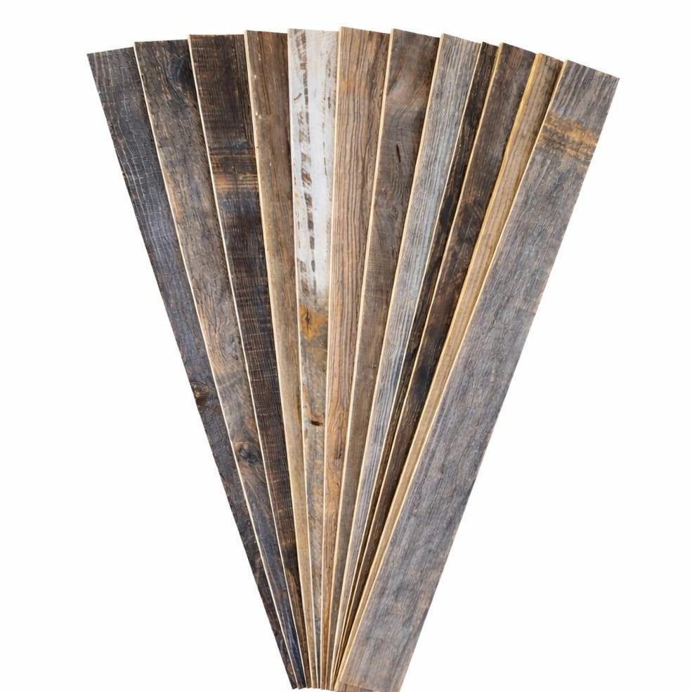 Reclaimed barnwood wall planks with mixed weathered patina