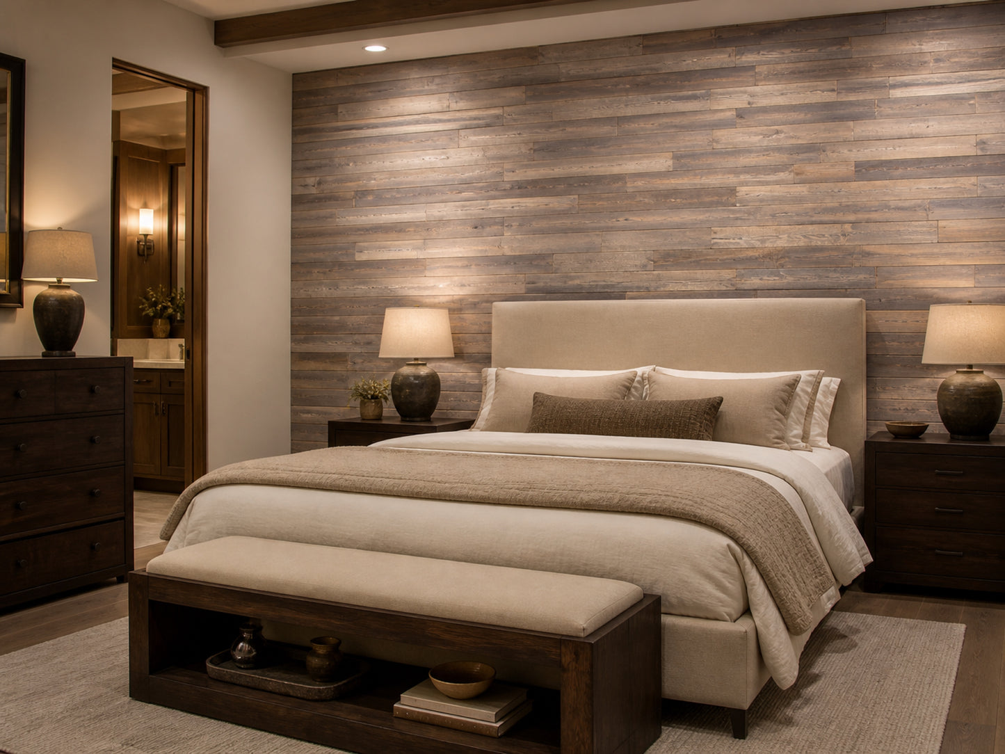 Umber reclaimed redwood wall planks installed in a bedroom