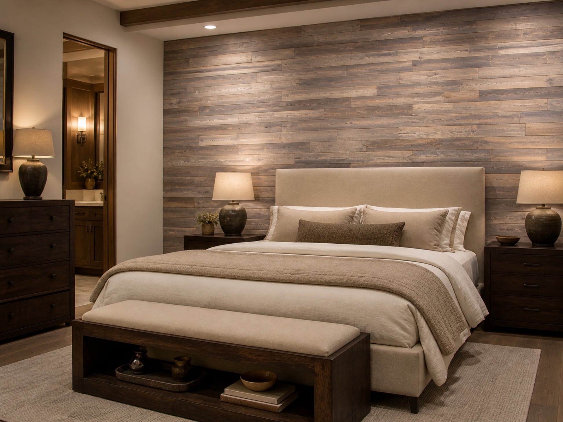 Umber reclaimed redwood wall planks installed in a bedroom