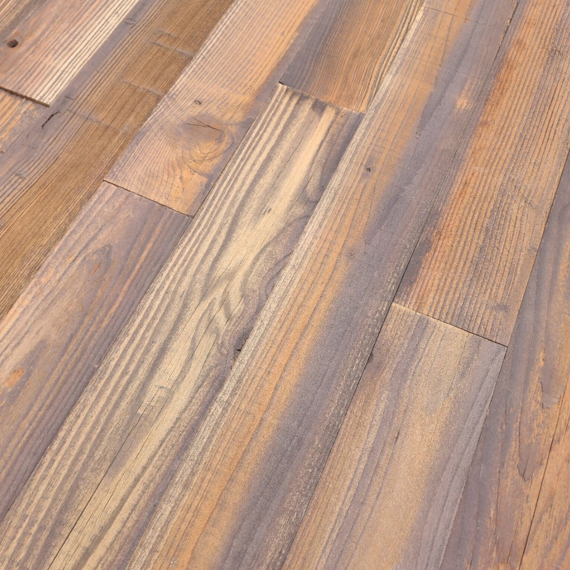 Umber finish reclaimed redwood showing board to board color variation across a full layout