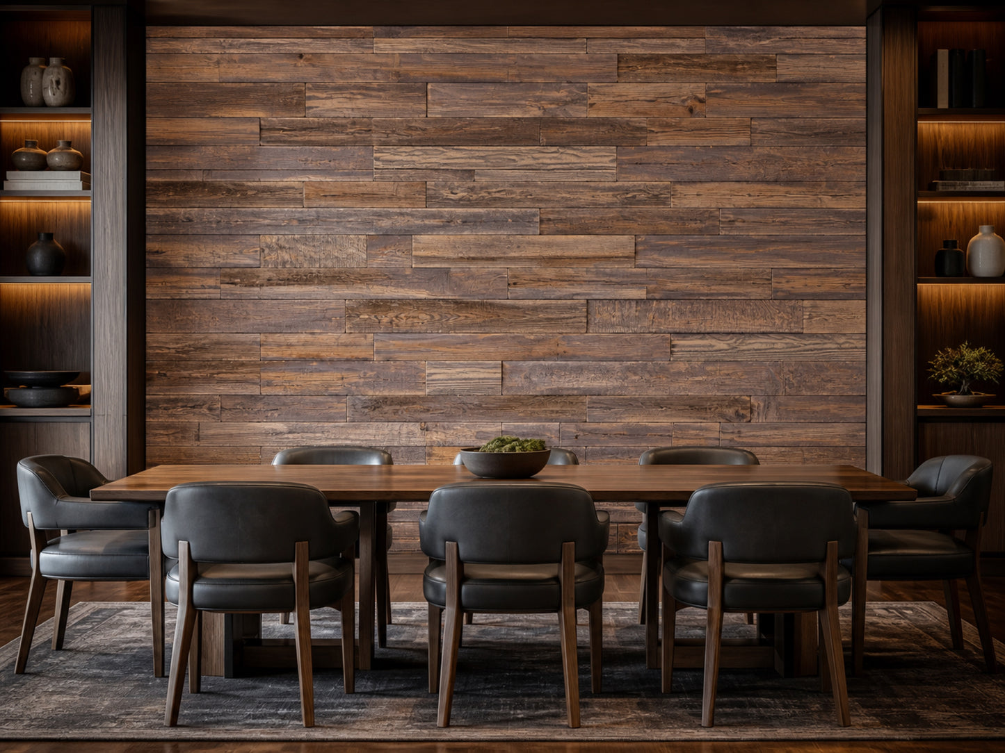 Umber reclaimed redwood wall planks installed in a dining room