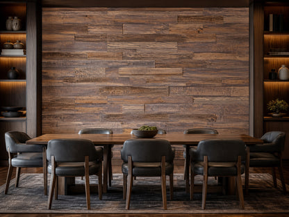 Umber reclaimed redwood wall planks installed in a dining room