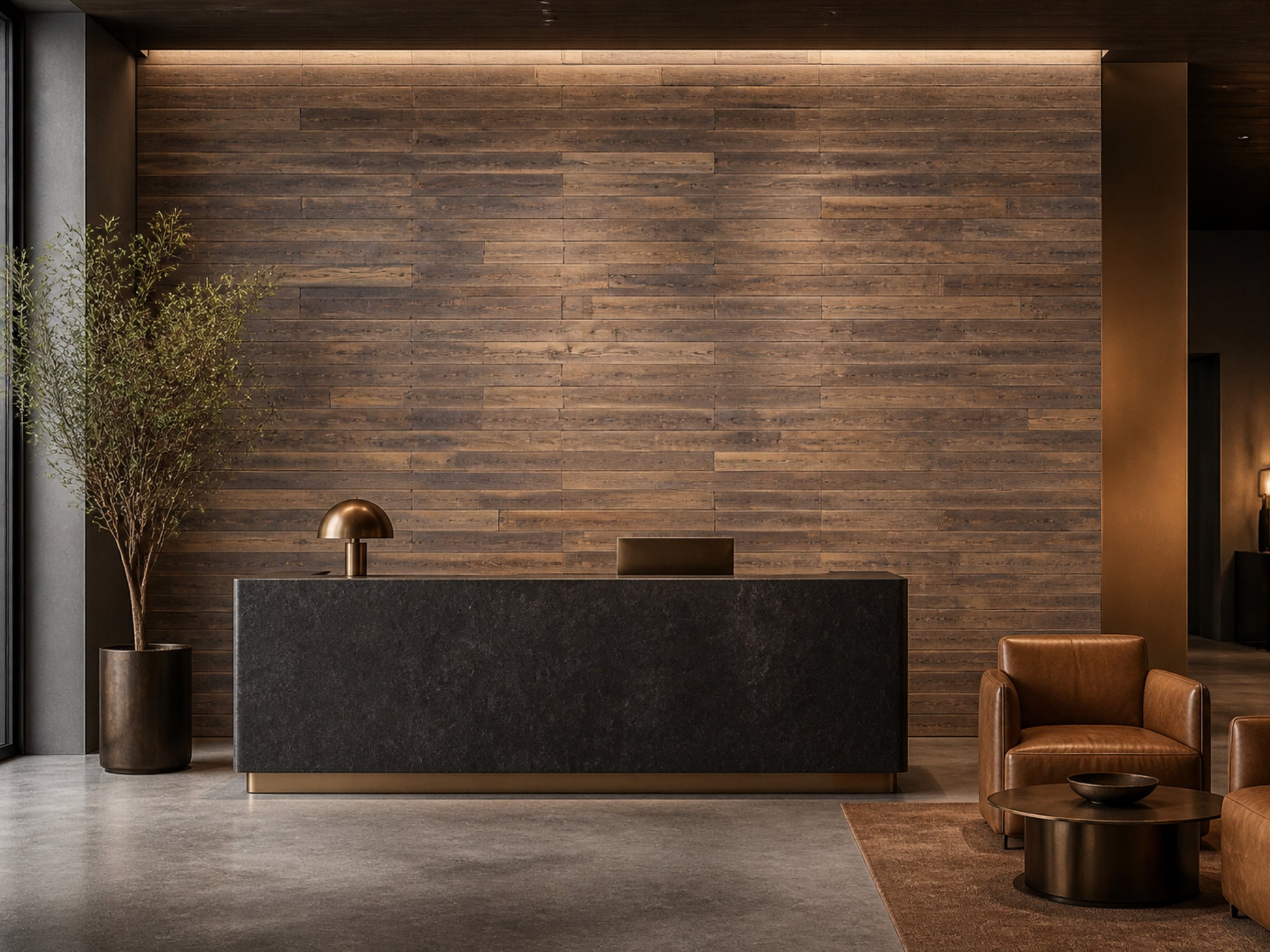 Umber reclaimed redwood wall planks installed in a hotel interior
